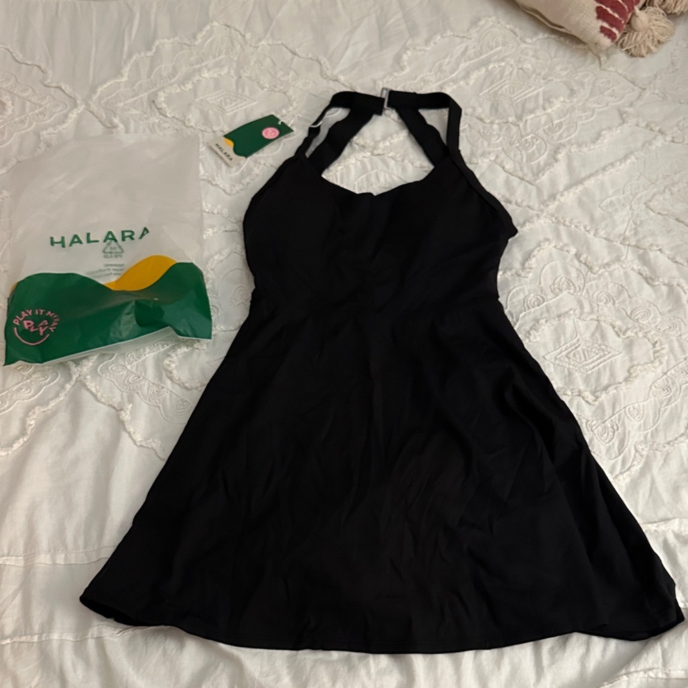 HALARA Black Backless Halter Skater Dress with Adjustable Neck